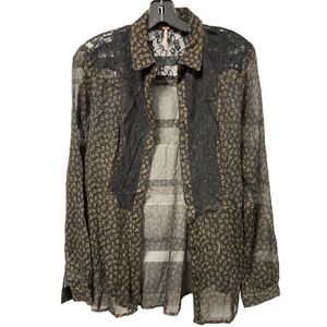 Free People Blouse Womens Size S Chiffon Floral Lace Button Up Long‎ Sleeve